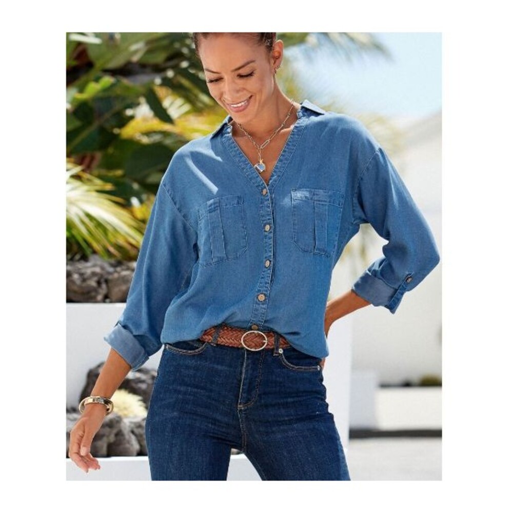 Lascana Button Up Denim Shirt-Size 4-Pockets-Roll Tab Sleeve-Lyocell-Chambray